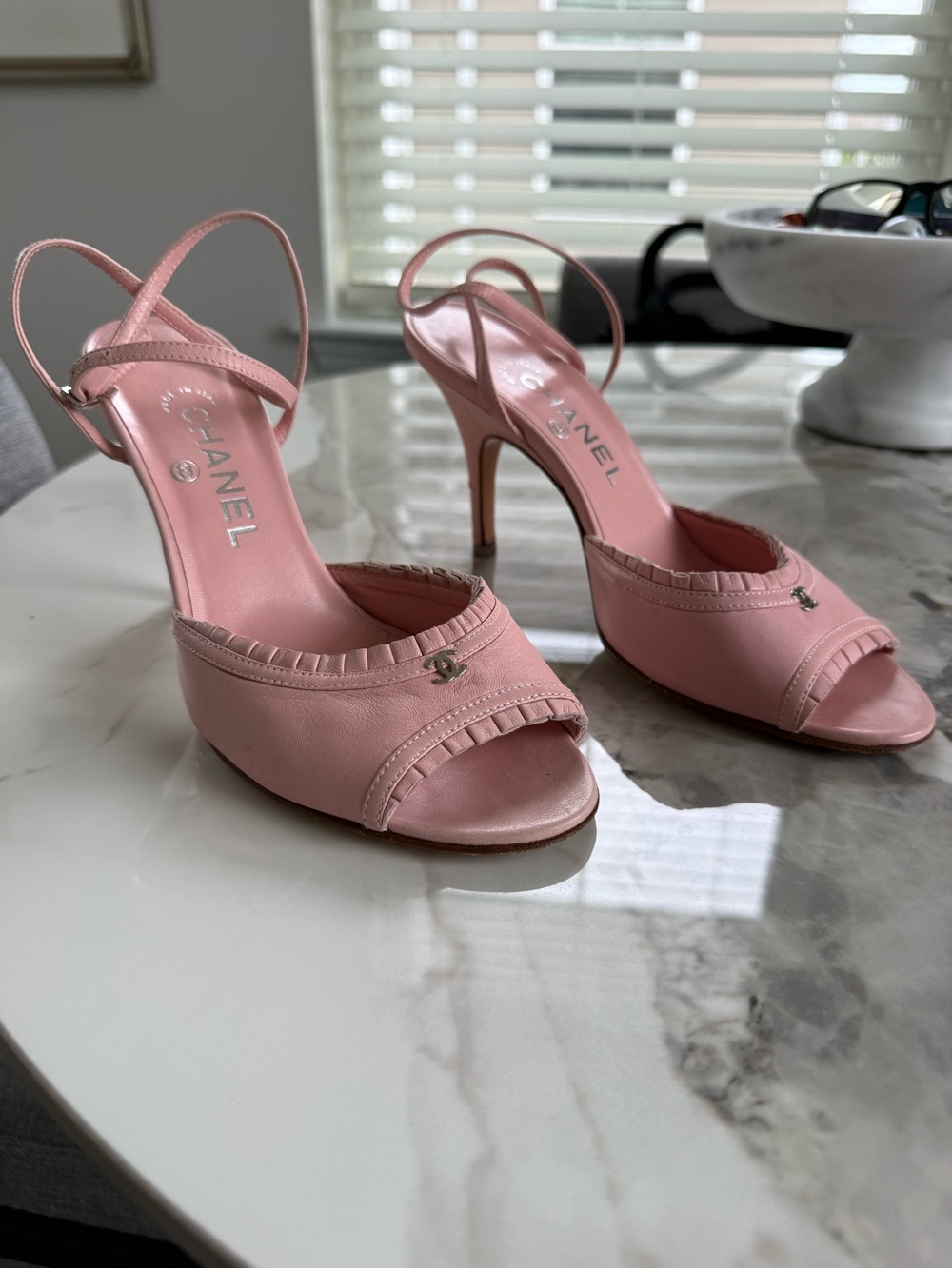 CHANEL Pink Leather Open-Toe Ankle-Strap Heels - Picture 4 of 7